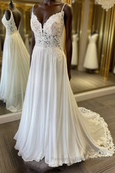 V Neck and V Back White Lace Long Semi Formal Prom Dresses, White Lace Wedding Dresses, Long White Formal Evening Dresses